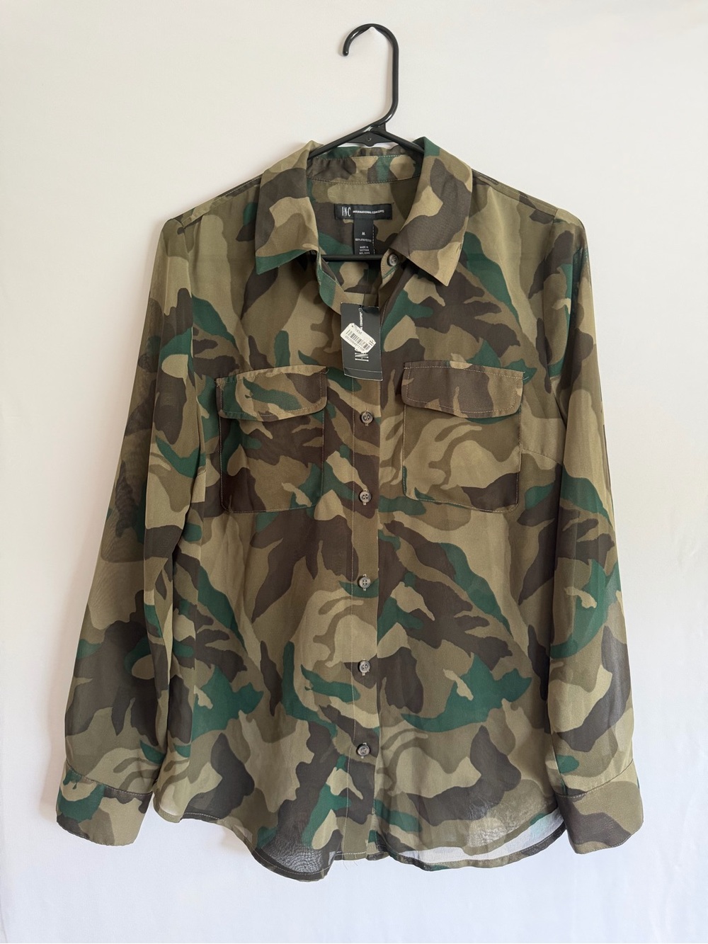 INC International Concepts Women M Camo Semi-Sheer Button Down Shirt Green NWT